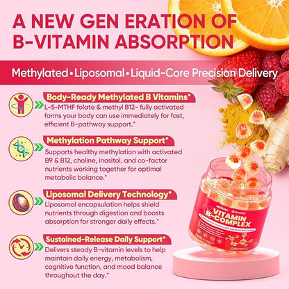 Methylated Vitamin B Complex Gummies for Women & Men, High Dose 2000 mcg Methyl B12, Liposomal Super All B Vitamins Methylfolate, B1, B2, B3, B5, B6, B7, Vitamin C, Choline for Energy, Focus, 60Counts