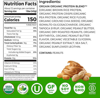 Orgain Organic Vegan Protein Bars, Peanut Butter - 10g Plant Based Protein, Low Calorie Healthy Snacks, No Lactose or Soy Ingredients, Gluten Free, Non-GMO - 1.41 Oz (Pack of 12)