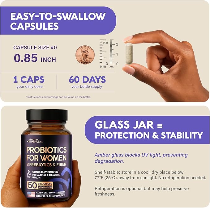 Probiotics for Women 50 Billion CFU - Vaginal Probiotics Clinically Proven for Yeast & pH Balance - Digestion & Bloating Relief - 8 Strains + Prebiotics - Delay Release - Made in USA, 60 Capsules