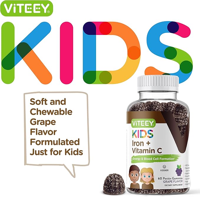 Viteey Iron Gummies for Kids with Vitamin C - Supports Energy, Blood Cell Formulation, Blood Builder Anemia Kids Iron Supplements - Vegan, Gelatin Free, Gluten Free - Tasty Chewable Grape Flavored