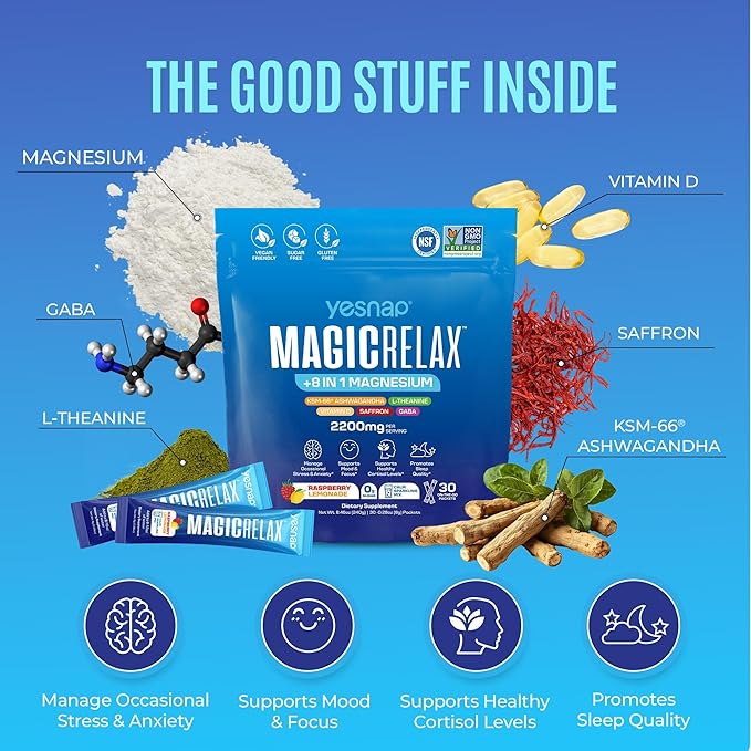 MAGICRELAX Supercalm 8-in-1 Chelated Magnesium Powder Drink Mix,KSM-66 Ashwagandha, Saffron, GABA, L-Theanine, Vitamin D3,Supports Stress Healthy Cortisol, Mood & Sleep, Zero Sugar Raspberry Lemonade
