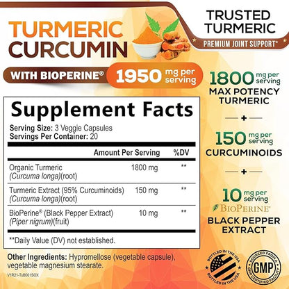 Turmeric Curcumin Supplement - 95% Curcuminoids with Organic Turmeric & BioPerine Black Pepper for Best Absorption - Daily Joint & Immune Health Support, Vegan, Non-GMO, Bottled in USA - 60 Capsules
