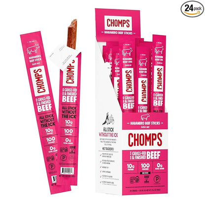 Chomps Grass-Fed and Finished Spicy Habanero Beef Jerky Snack Sticks 24-Pack - Keto, Paleo, Whole30, 10g Lean Meat Protein, Gluten-Free, Zero Sugar Food, Non-GMO