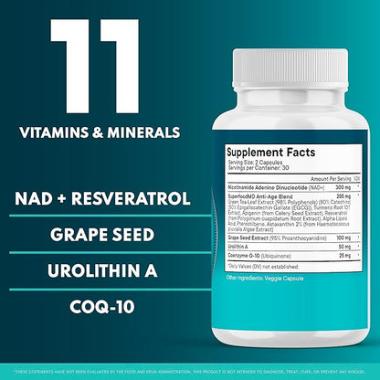 NAD+ Supplement - Liposomal + Resveratrol for Women & Men, Astaxanthin, CoQ10, Alpha Lipoic Acid, Green Tea, Urolithin - 60 Capsules