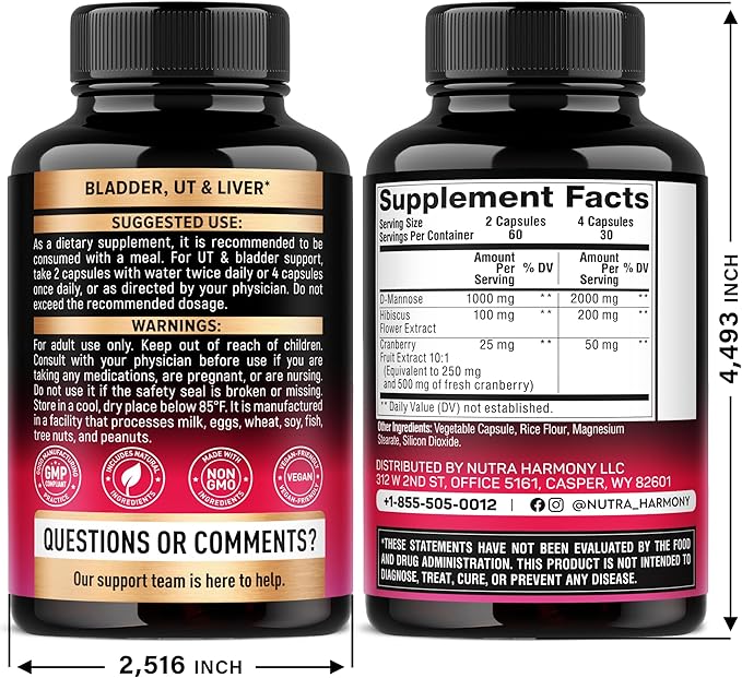 D-Mannose 2000mg with Cranberry & Hibiscus - Clinically Tested Strength for Urinary Tract Health - Supplement for Women - Bladder, Liver & Microflora Support - Made in USA - Vegan, 120 Capsules