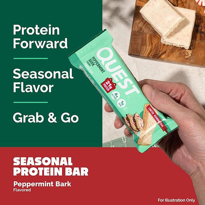 Quest Nutrition Peppermint Bark Protein Bar, 21g Protein, 4g Net Carb, 1g Sugar, Gluten Free, 12 Count