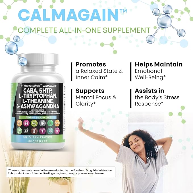 Clean Nutraceuticals GABA 750mg 5 HTP 200mg L Tryptophan 500mg L Theanine 200mg Ashwagandha SAM-e L-Glycine - Mood Support Vitamins for Women and Men with L-Tyrosine (90 Count (Pack of 5))
