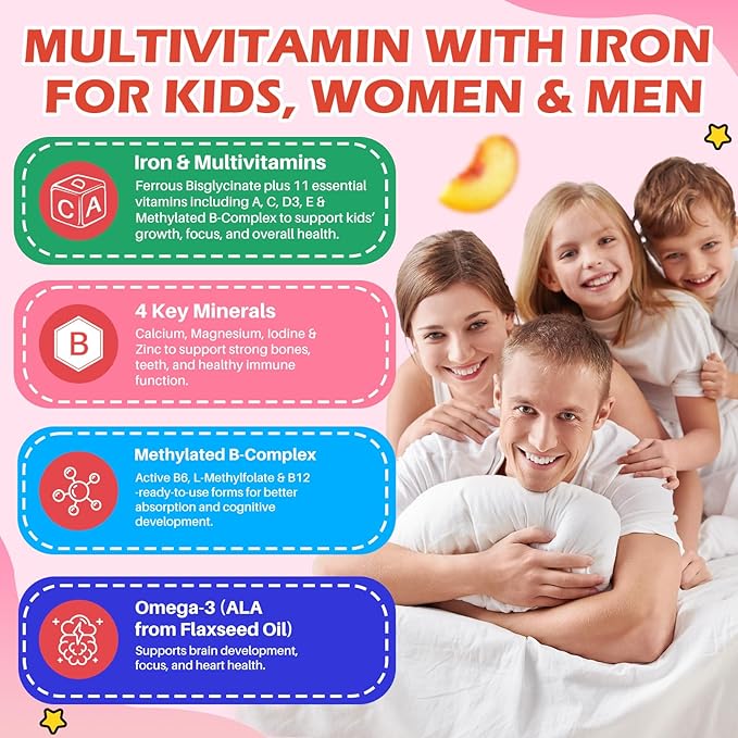Iron Supplement Gummies for Kids with Multivitamin, Calcium, Zinc, Folate - Kids Iron Gummies Support Immune, Blood Builder, Iron Deficiency, Anemia & Energy - Vegan, Peach 60 Count