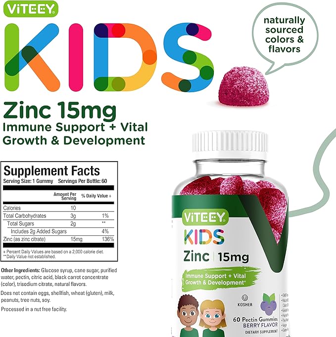 Viteey Zinc for Kids Gummies, 15mg - Immune Support - Powerful Natural Antioxidant, Kids Zinc Vitamin Supplement - Vegan, Gelatin Free, Gluten Free - Tasty Chewable Berry Flavor Gummy