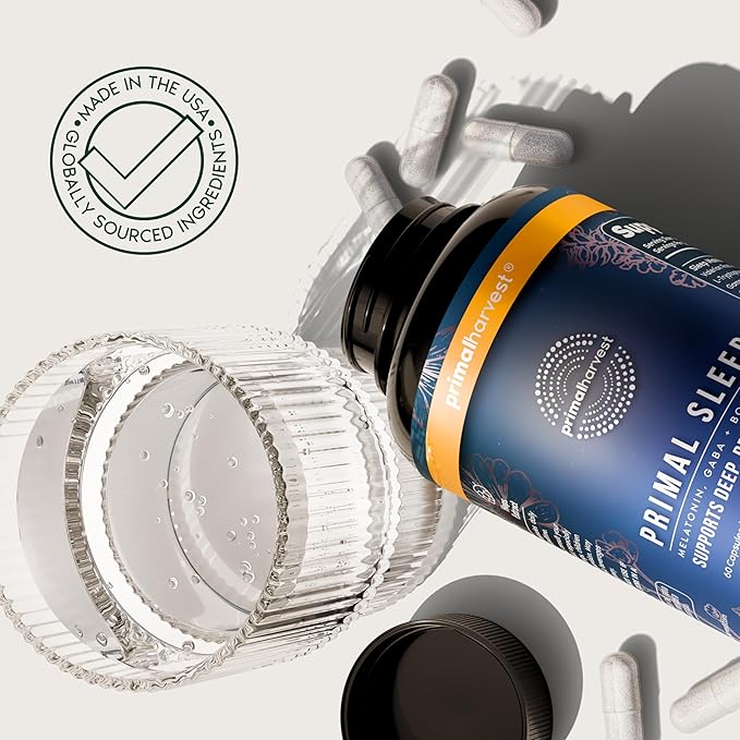 Primal Harvest Primal Sleep Support Supplement for Adults with Melatonin, GABA, Valerian Root, L-Tryptophan, Magnesium Bisglycinate Chelate, and Chamomile for Deep Restful Sleep