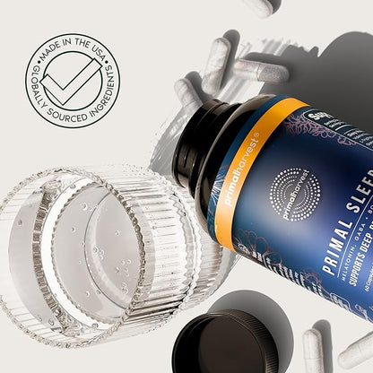 Primal Harvest Primal Sleep Support Supplement for Adults with Melatonin, GABA, Valerian Root, L-Tryptophan, Magnesium Bisglycinate Chelate, and Chamomile for Deep Restful Sleep