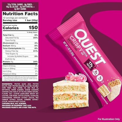 Quest Nutrition Crispy Birthday Cake Protein Bar, 17g Protein, 1g Sugar, 2g Net Carbs, Gluten Free Protein Snack, Keto Friendly, 4 Count