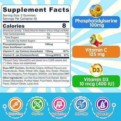 Phosphatidylserine Supplement 100mg, Focus Gummies for Kids Teens + Vitamin C & D3 400IU, Sugar Free Kids Brain Gummies Increase Attention & Concentration, Chewable, Vegan, Gluten Free, Non-GMO 60Cts