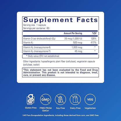 Pure Encapsulations Synergy K - with Vitamin K1, K2 & D3 - Supports Bones, Blood Vessels, Vascular Elasticity & Calcium Utilization* - Includes Cholecalciferol - Gluten Free & Non-GMO - 60 Capsules