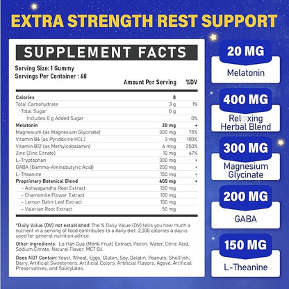 Melatonin 20mg Gummies for Adults - Max Strength Melatonin Gummy Supplement with Magnesium Glycinate, B6, B12, L-Theanine, GABA, & Herbs - Non-Habit Forming, Vegan, Natural Mixed Berry Flavor