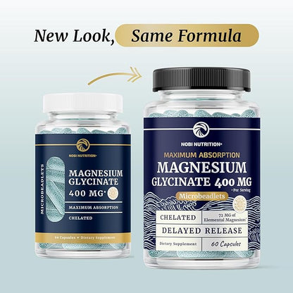 Magnesium Glycinate 400mg | High Absorption Magnesium for Sleep, Calm, Muscle Relaxation, Heart, Bone & Nerve Support for Women & Men | Advanced Microbeadlets | Chelated Mag Glycinate | 60 Ct.