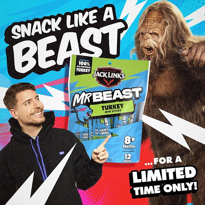 Jack Link’s x MrBeast Turkey Mini Sticks, As Seen on Beast Games, 8g Protein, Made with 100% All Natural Turkey, Zero Sugar, Pantry-Ready Snacks, 12 Count