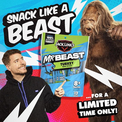 Jack Link’s x MrBeast Turkey Mini Sticks,As Seen on Beast Games,8g Protein,Made with 100% All Natural Turkey,Zero Sugar,Pantry-Ready Snacks,(Pack of 24)