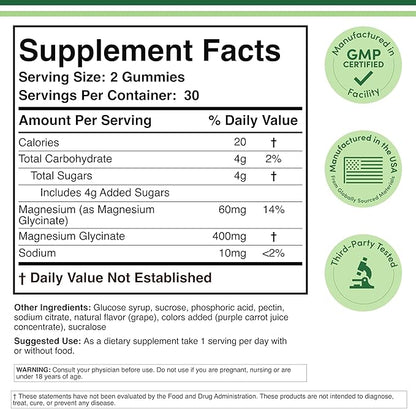 Magnesium Glycinate Gummies (400mg per Serving, 30 Day Supply, Grape Flavored) High Absorption Magnesium Supplement for Adults or Kids by Double Wood Supplements