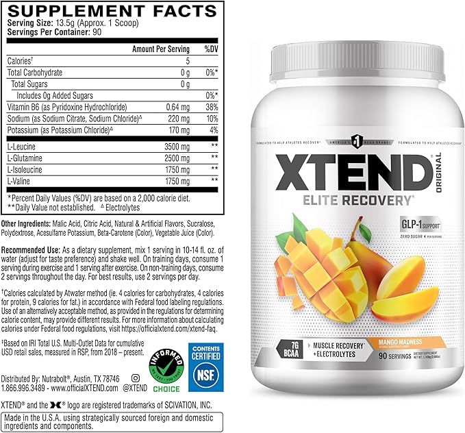 XTEND Original BCAA Powder Mango Madness | Sugar Free Post Workout Muscle Recovery Drink with Amino Acids | 7g BCAAs for Men & Women | 90 Servings