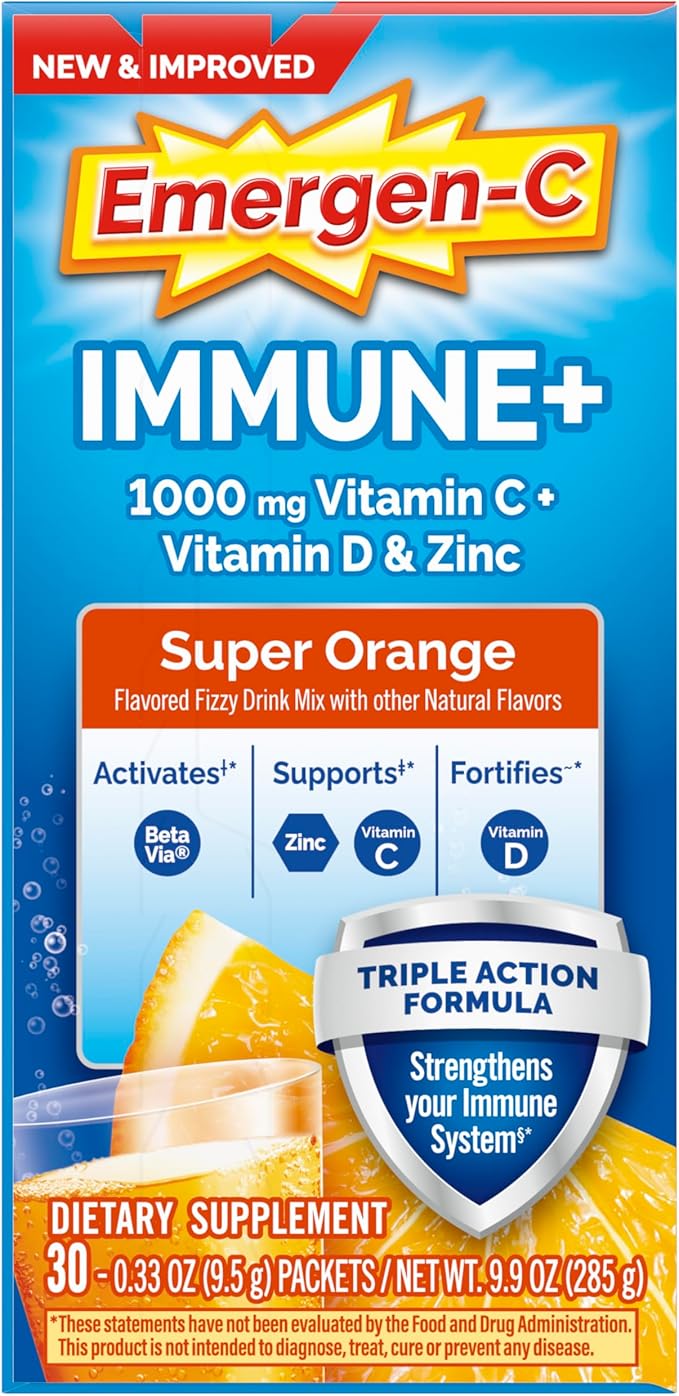 Emergen-C Immune+ Triple Action Immune Support Powder, BetaVia (R), 1000mg Vitamin C, B Vitamins, Vitamin D and Antioxidants, Super Orange – 30 Count