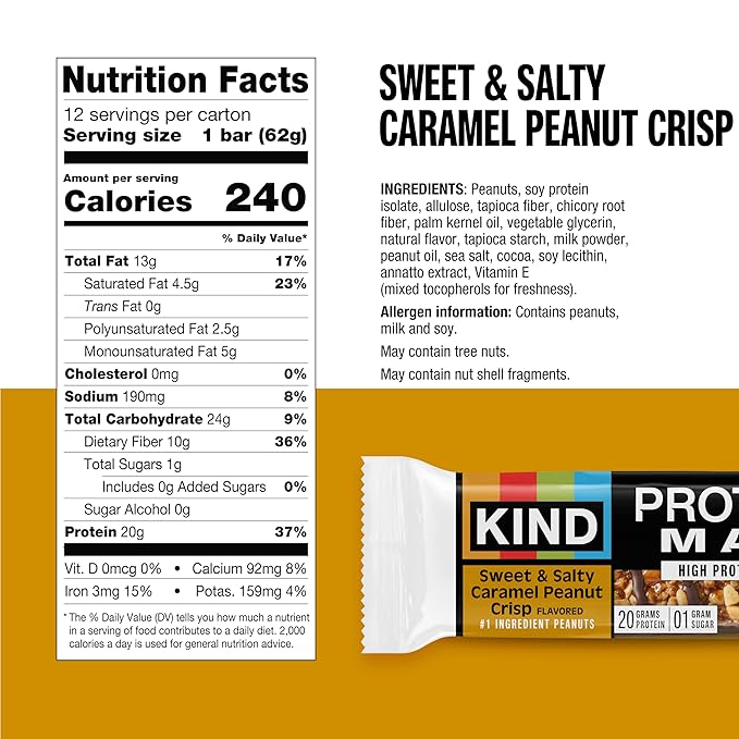 KIND Protein MAX Sweet & Salty Caramel Peanut Crisp Snack Bars, Keto Friendly, 20g Protein, 12 Count