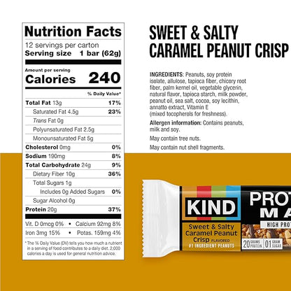 KIND Protein MAX Sweet & Salty Caramel Peanut Crisp Snack Bars, Keto Friendly, 20g Protein, 12 Count