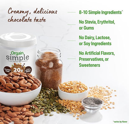Orgain Organic Simple Vegan Protein Powder, Chocolate - 20g Plant Based Protein, Made with less Ingredients, No Artificial Sweeteners, Gluten Free, No Dairy or Lactose, 1.25 lb (Packaging May Vary)