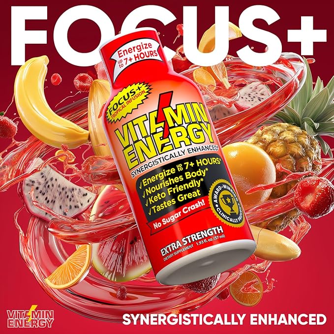 Vitamin Energy Focus+ Extra Strength Energy Shot Tropical Infusion 48 Pack, 260mg Natural Caffeine, B-Vitamins, CoQ10, Amino Acids, Focus, Productivity & Clarity, Zero Sugar, Gluten-Free, 1.93 fl oz