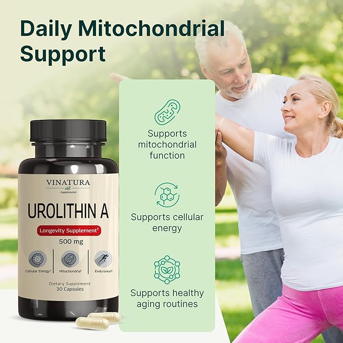 VINATURA Urolithin A Supplement 500mg - Urolithin A+ for Powerful Antioxidants, Anti Aging and Mitochondrial Support, 30 Capsules