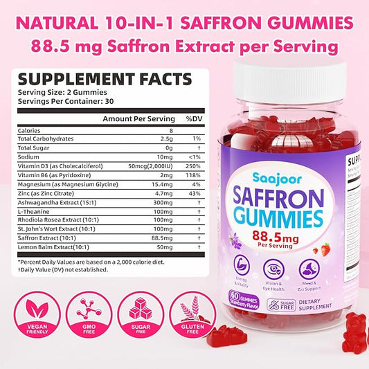 Saffron Gummies for Adult Kids - with Saffron 88.5mg, Vitamins D3 & B6, Magnesium, Zinc, Ashwagandha, L - Theanine, St. John's Wort - Supports Mood & Focus, Strawberry Flavor, 60 Count