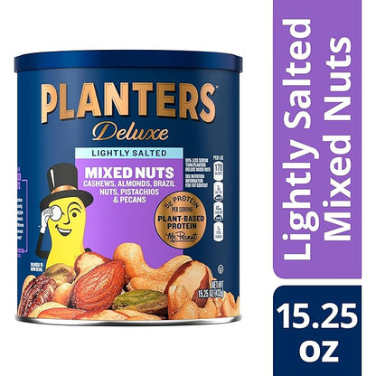 PLANTERS Deluxe Lightly Salted Mixed Nuts, Party Snacks, Plant-Based Protein 15.25oz (1 Canister) (Pack of 2)