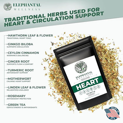 Elephantal Wellness Heart Herbal Tea – Herbal Loose Leaf Tea for Circulation & Cardiovascular Support with Hawthorn, Cinnamon, Ginger & Turmeric – Lightly Caffeinated Green Tea Blend, 2oz, 20 Servings