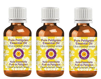 Deve Herbes Pure Petitgrain Essential Oil (Citrus aurantium Amara) Steam Distilled (Pack of Three) 100ml X 3 (10 oz)