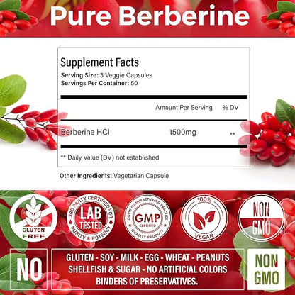 Premium Berberine Supplement, 150 Capsules – 50 Days Supply, 1500mg Berberine Per Serving, Berberine HCI, Made from 100% Pure & Natural Ingredients, Non-GMO, Gluten-Free.