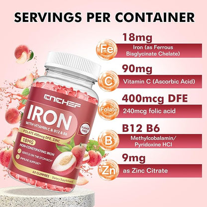 2PCS Iron Supplement for Women & Men Gummies, Multivitamin Blood Builder Iron Supplement with Folate Vitamin C B12 B6 Zinc for Adults & Kids - Energy Support - Peach Flavor, Vegan 120 Gummies