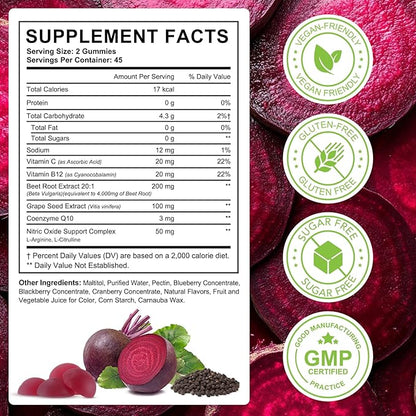 Super Beet Root Gummies, Beet root capsules for Blood Pressure, Heart Health, 8 in 1 Beetroot 4,000mg with Grape Seed Extract & CoQ10, 90 Count, Healthy Energy Supplement with Elite Ingredients