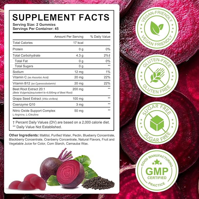 2 Pack Beet Root Gummies Enriched with 200mg CoQ10 & Beet Root Extract for Blood Pressure, Heart Health Support, Energy Level Suport, Promoting Nitric Oxide, W/ Vitamin B12, C, Sugar-Free | 90 Chews