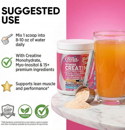 Creatine for Women | Creatine Monohydrate + BCAA Powder Myo-Inositol Collagen Biotin Hyaluronic Acid Folate L Glutamine Vitamin D3 Iron Zinc D-Chiro-Maca Digestion Shelf Builder By Clean Nutra