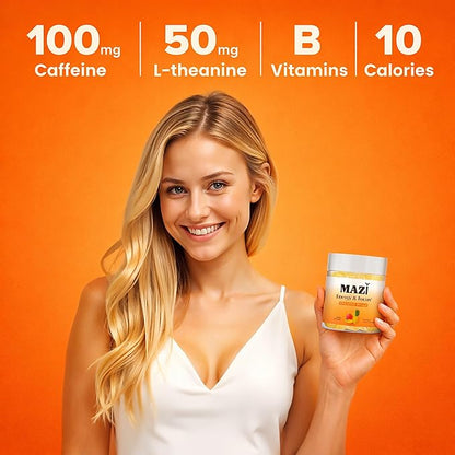 Energy & Focus Gummies | 100mg Natural Caffeine + L-Theanine + Vitamin B6 & B12 + CoQ10 | Nootropic Cognitive Brain Performance Supplement | No Crash or Jitters