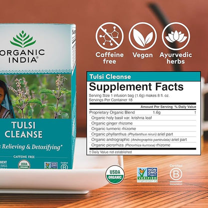 Organic India Tulsi Cleanse Herbal Tea - Holy Basil, Stress Relieving & Cleansing, Immune Support, Adaptogen, Vegan, USDA Certified Organic, Non-GMO, Caffeine-Free - 18 Infusion Bags, 1 Pack