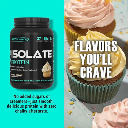PEScience Isolate Whey Protein Powder, Vanilla Cupcake, 27 Servings, 100% Whey Protein Isolate, Low Carb, Fast Absorbing Post Workout Shake for Men and Women