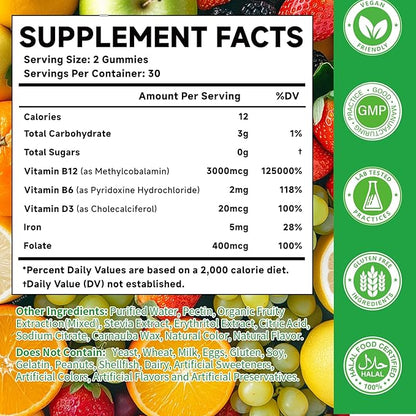 1 Pack Methyl B-12 3000mcg Gummies for Kids & Adults, Vitamin B12 (Methylcobalamin) with Vitamin B6, Folate & D3, Supports Energy, Metabolism & Immune Wellness, 60 Count