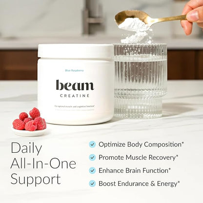 Beam Creatine Monohydrate Powder – 5g Micronized Creatine Monohydrate, Flavored Creatine for Women & Men, Muscle Strength, Growth & Cognitive Support, Blue Raspberry Flavor, 30 Servings
