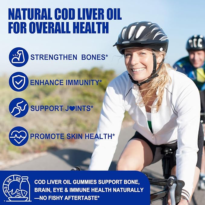 Cod Liver Oil 1000mg Gummies for Adults & Kids, with Vitamin A & D3 - Omega 3 Fish Oil Supplement - DHA 360mg & EPA 240mg for Brain, Bone, Eye & Immune Health, Sugar Free, 120 Count
