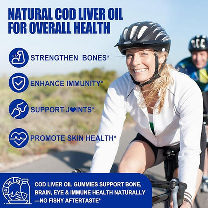 Cod Liver Oil 1000mg Gummies for Adults & Kids, with Vitamin A & D3 - Omega 3 Fish Oil Supplement - DHA 360mg & EPA 240mg for Brain, Bone, Eye & Immune Health, Sugar Free, 120 Count