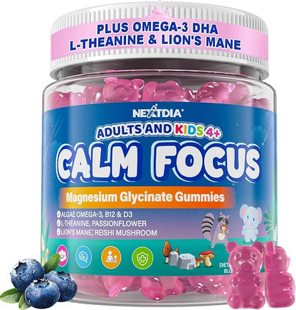 Focus Gummies for Kids & Adults, w/Magnesium Glycinate, Omega-3 DHA, Lion's Mane, L-Theanine, Methyl B12 & Vitamin D3, Brain Supplement Support Calm, Sleep, Attention, Concentration and Memory, 60Cts