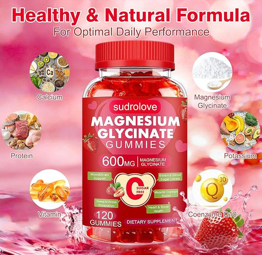 Magnesium Glycinate Gummies 600mg – Sugar Free Magnesium & Potassium Dietary Supplement with Vitamin D, B6 and CoQ10 for Calm Support & Sleep for Adults - High Absorption -Strawberry Gummies