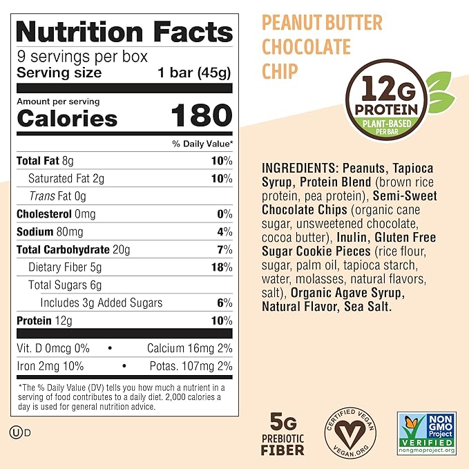 Lenny & Larry's Cookie-fied Protein Bar – Peanut Butter Chocolate Chip Vegan 9x45g – Healthy Snacks with 12g Plant Protein & 5g Fiber – Gluten Free Power Bar, Non-GMO & Vegan