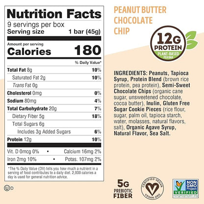 Lenny & Larry's Cookie-fied Protein Bar – Peanut Butter Chocolate Chip Vegan 9x45g – Healthy Snacks with 12g Plant Protein & 5g Fiber – Gluten Free Power Bar, Non-GMO & Vegan
